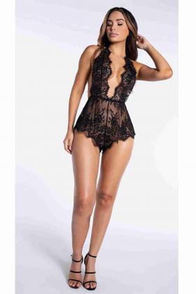 Şık Dantelli Gecelik Babydoll Bodysuit Tulum Siyah